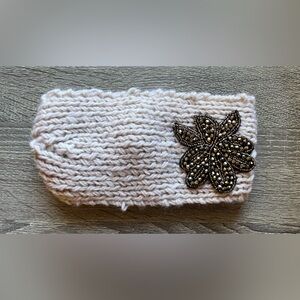 Embellished Beaded Knit Headband Ear Warmer Cream Ivory Turban Button Cozy